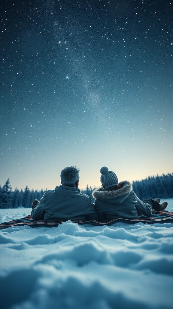 A couple stargazing on a snowy night, wrapped in blankets, surrounded by trees and a starry sky.