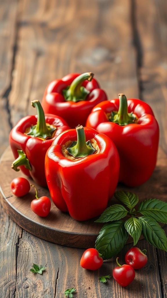 Stuffed bell peppers in vibrant colors on a wooden board.