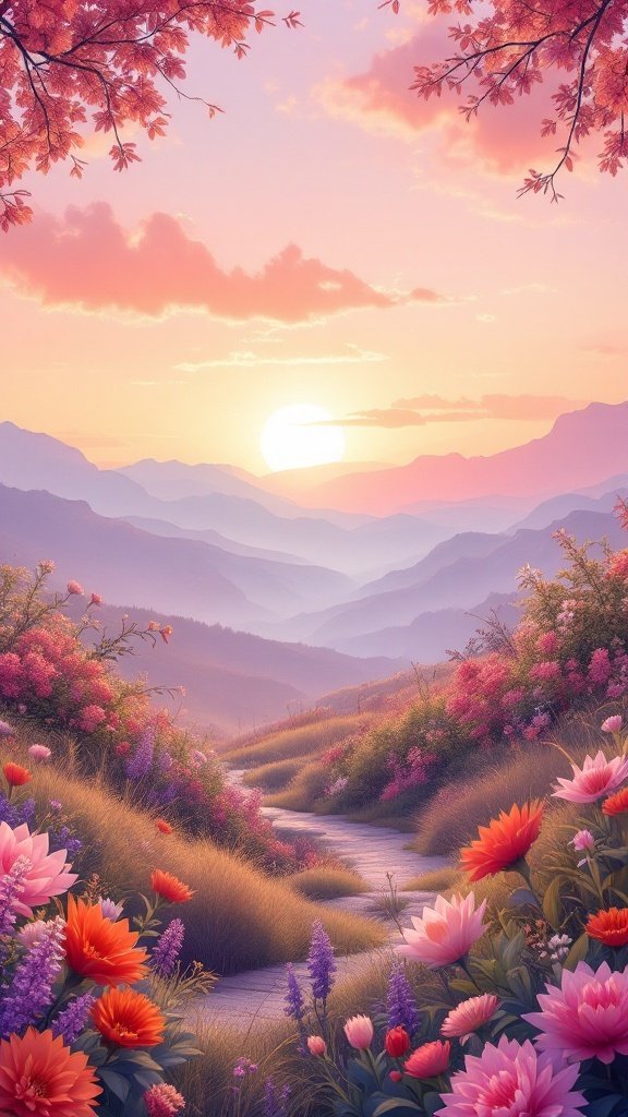A beautiful sunset over a colorful landscape filled with blooming flowers and mountains in the background.