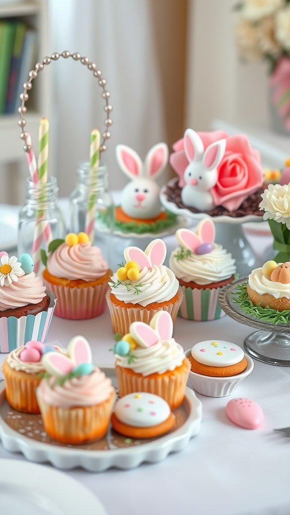 A colorful display of Easter-themed desserts including cupcakes with bunny decorations and sugar cookies.