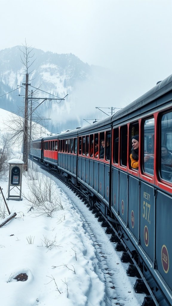 A scenic train winding through snowy landscapes with passengers enjoying the view.