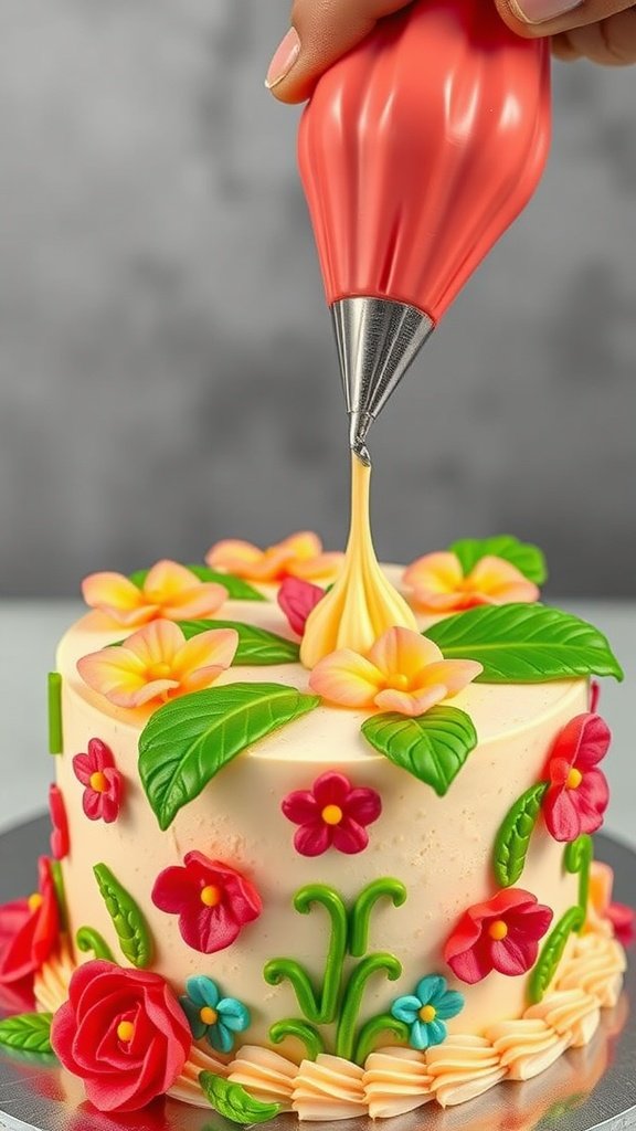 A beautifully decorated luau cake with vibrant icing flowers and leaves.