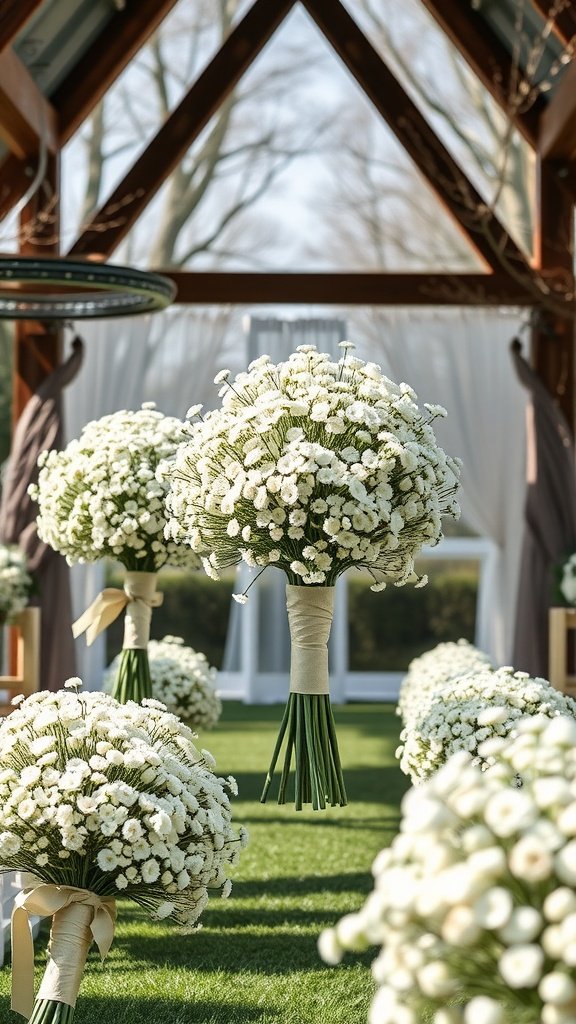 A beautiful display of baby's breath bouquets arranged for a spring wedding.