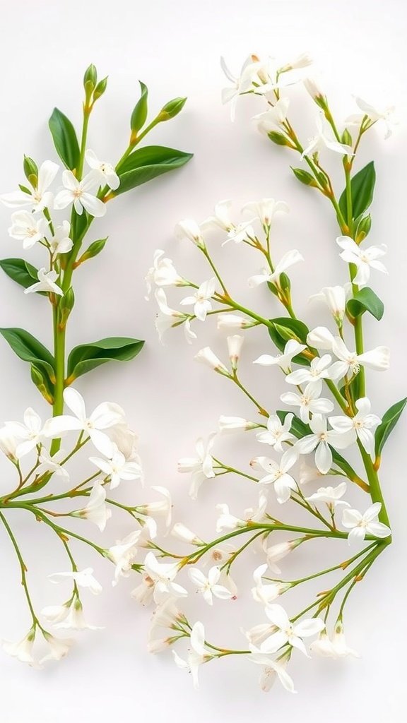 A close-up view of delicate white baby's breath flowers with green leaves.