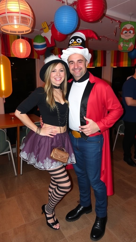 A couple at a themed costume party, wearing playful outfits with bright colors and fun accessories. Double Date Ideas