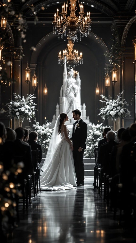A couple in a black and white wedding ceremony with elegant decor.