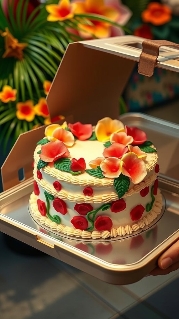 A beautifully decorated luau cake ready to be transported for a celebration.