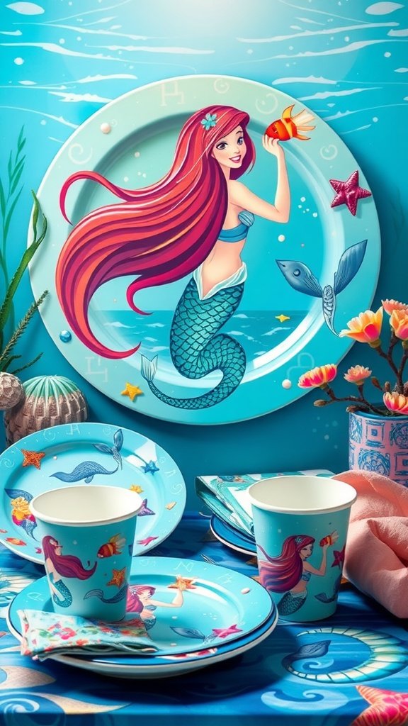 Colorful mermaid-themed tableware including plates and cups with ocean designs.