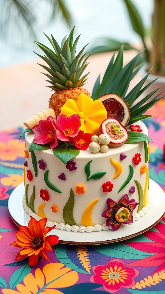 A beautifully decorated luau cake with tropical flowers and fruits.