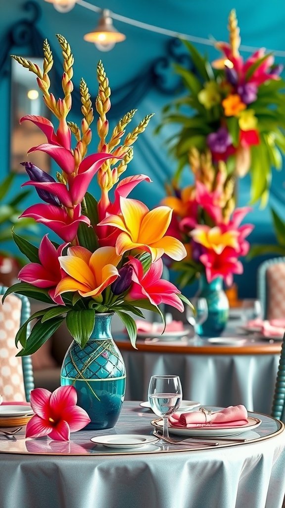 Tropical flower arrangements in vibrant colors for a mermaid party
