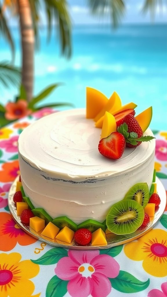A beautifully garnished luau cake with tropical fruits on top