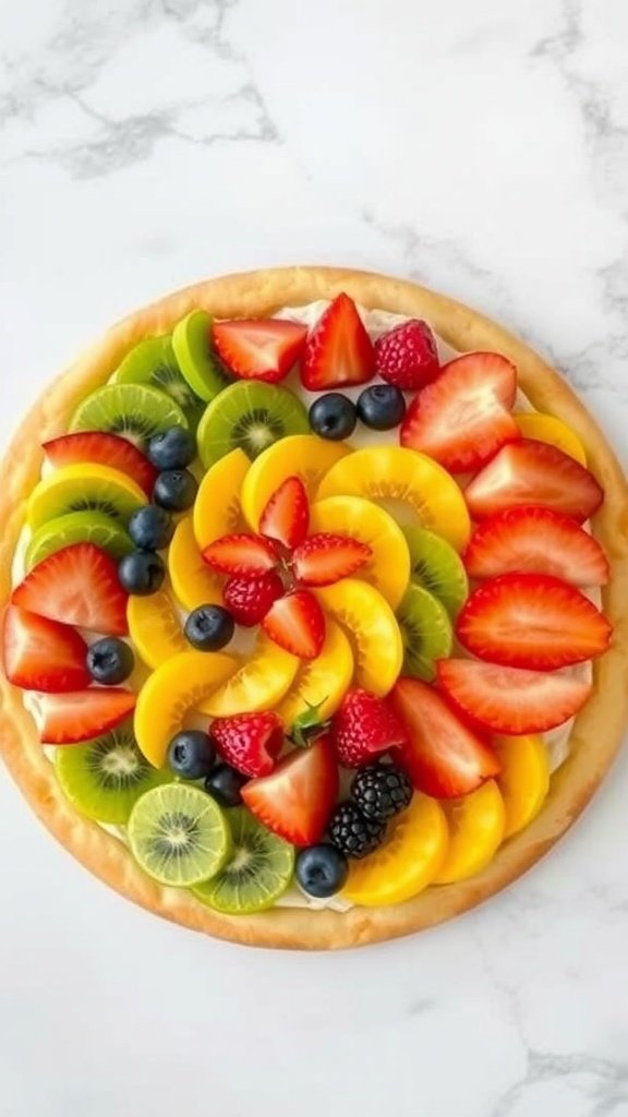 A colorful tropical fruit pizza topped with various fresh fruits on a cookie crust. Mermaid party food