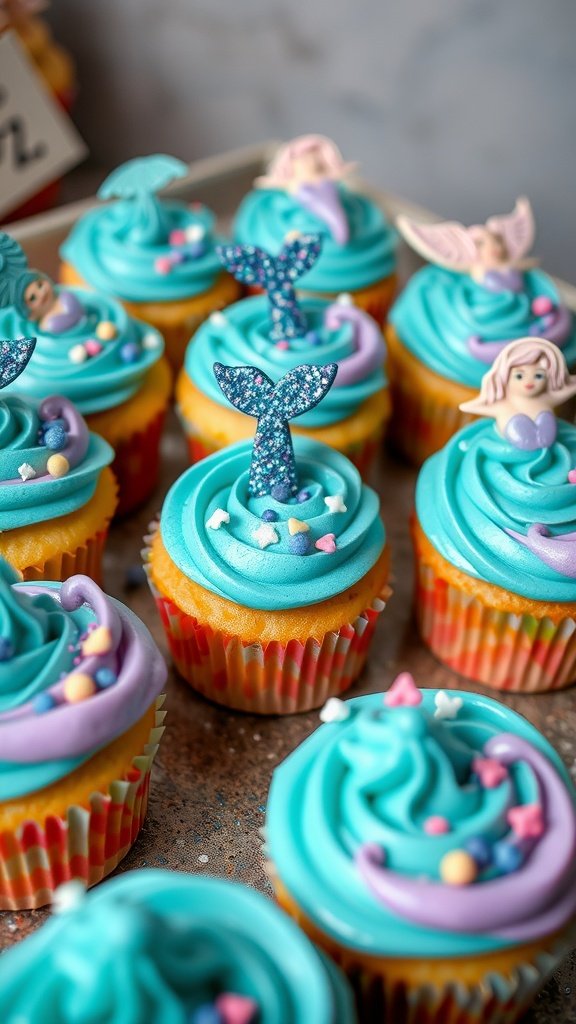 Colorful under the sea cupcakes decorated with mermaid tails