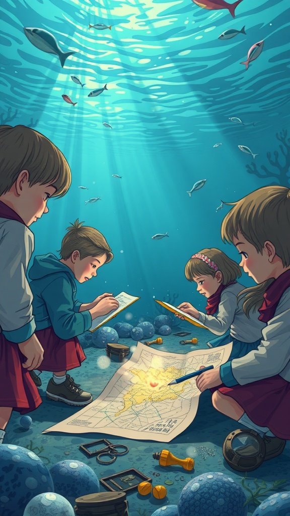 Kids engaged in a treasure hunt under the sea, examining a map with fish swimming around.