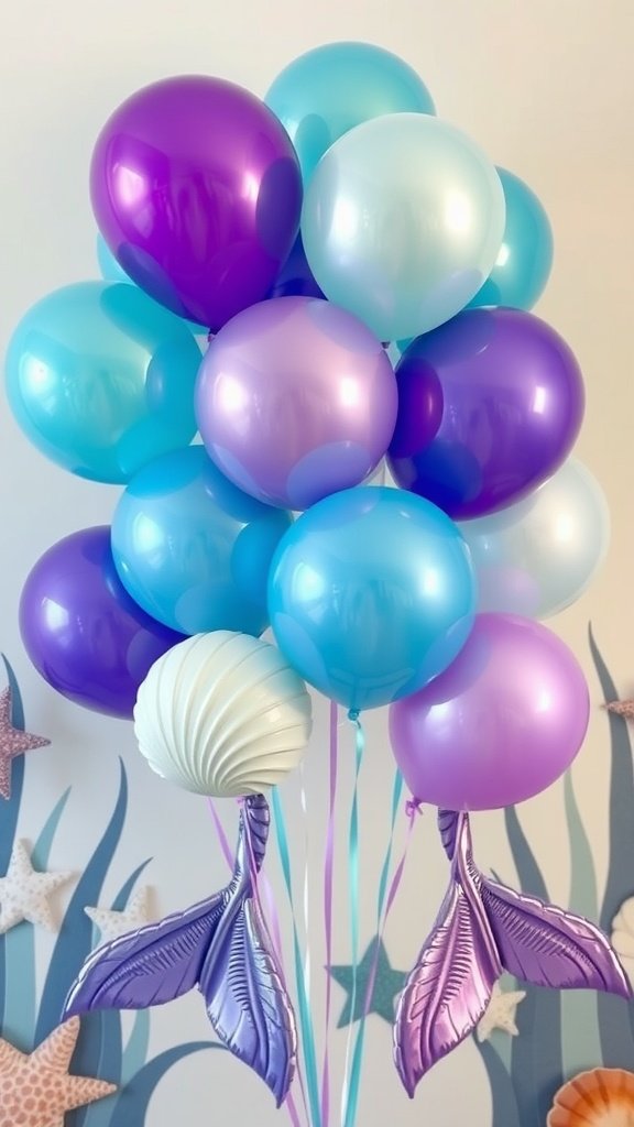 A cluster of underwater-themed balloons featuring shades of blue and purple, with a shell and mermaid tails.