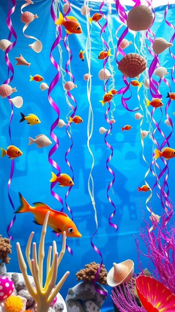 Colorful underwater decorations featuring fish, shells, and coral for a mermaid party.