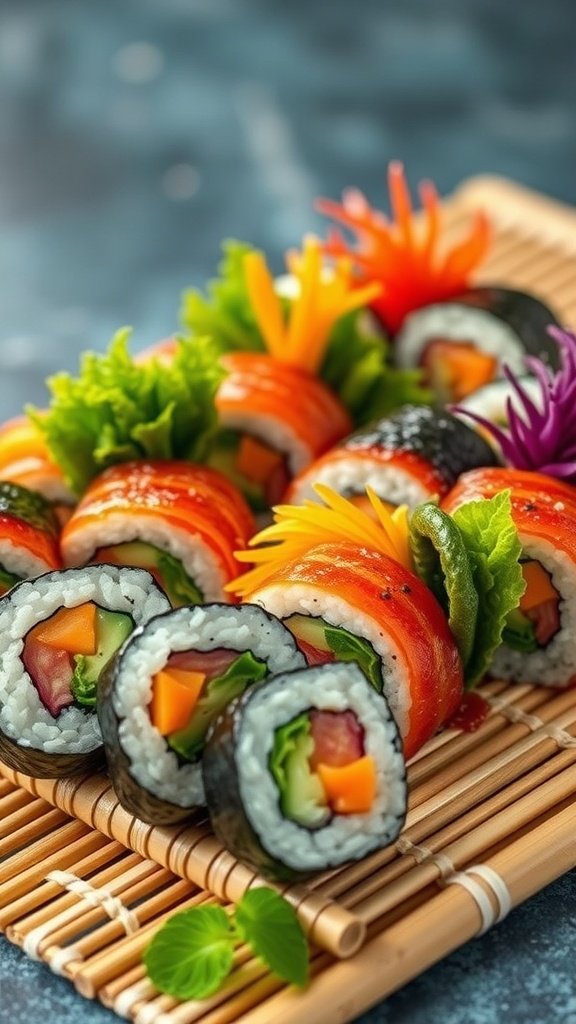 Colorful veggie sushi rolls arranged on a bamboo mat.