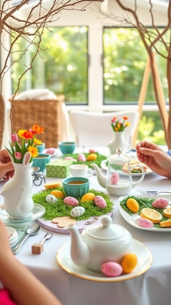 A beautifully arranged Easter tea party table with colorful decorations, tea set, and festive eggs.
