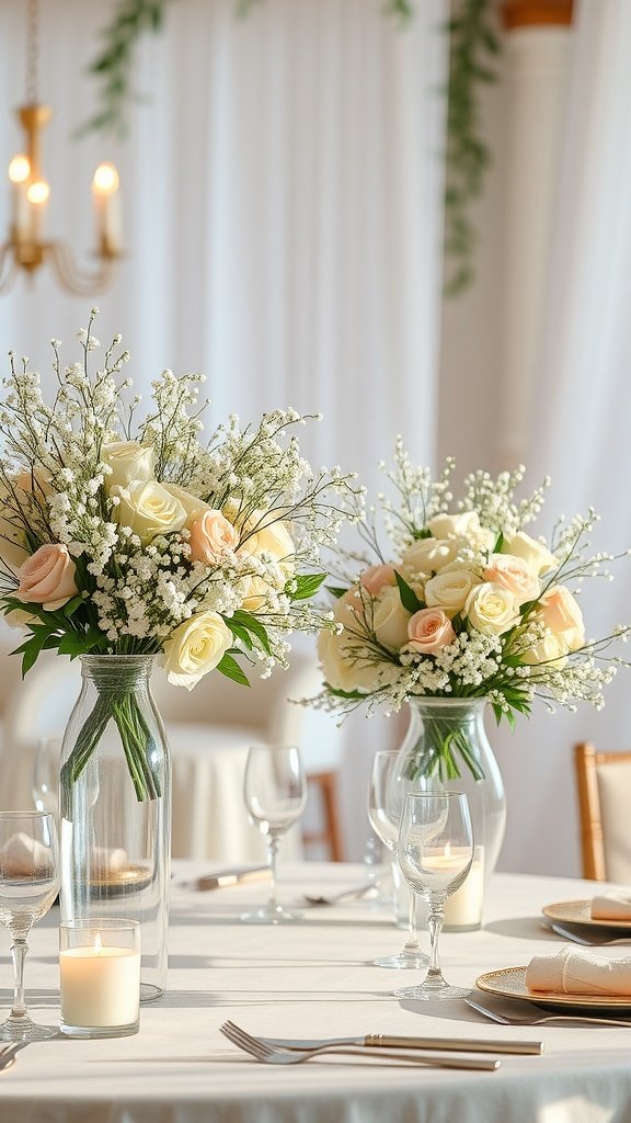 Beautiful wedding table decor featuring pink and white roses with baby's breath bouquets in clear vases.
