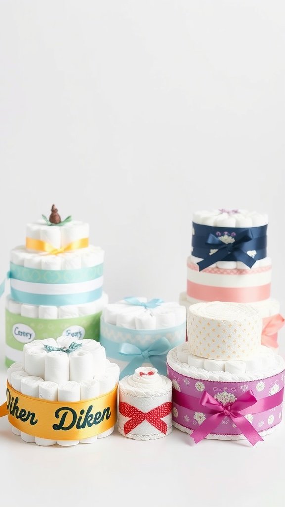 A collection of mini diaper cakes made from various diapers, decorated with colorful ribbons and small accessories.