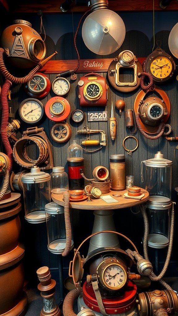 A collection of vintage diving gear including helmets, clocks, and glass jars on a wall.