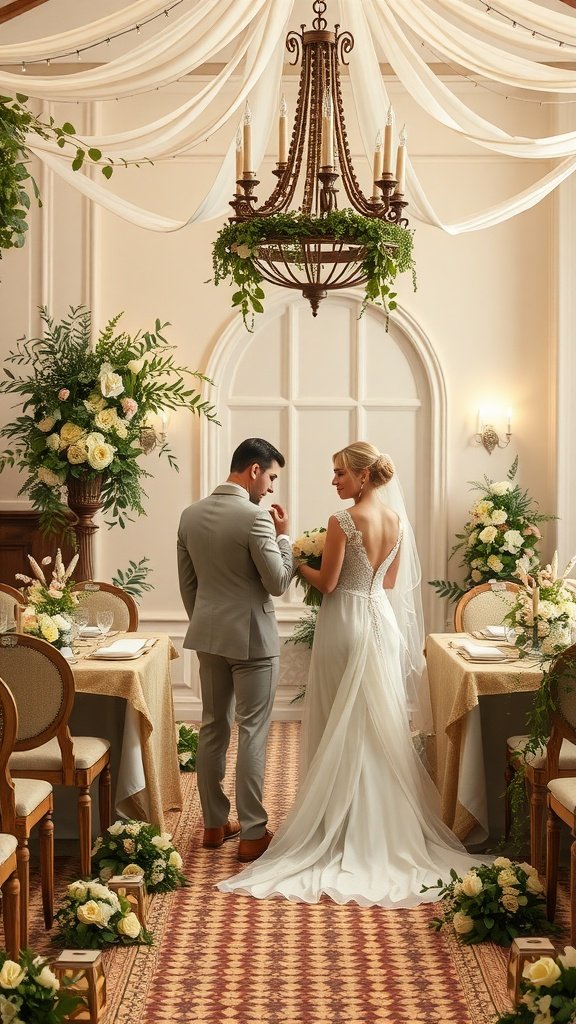 A couple in a vintage olive green wedding theme, surrounded by elegant decor and floral arrangements.