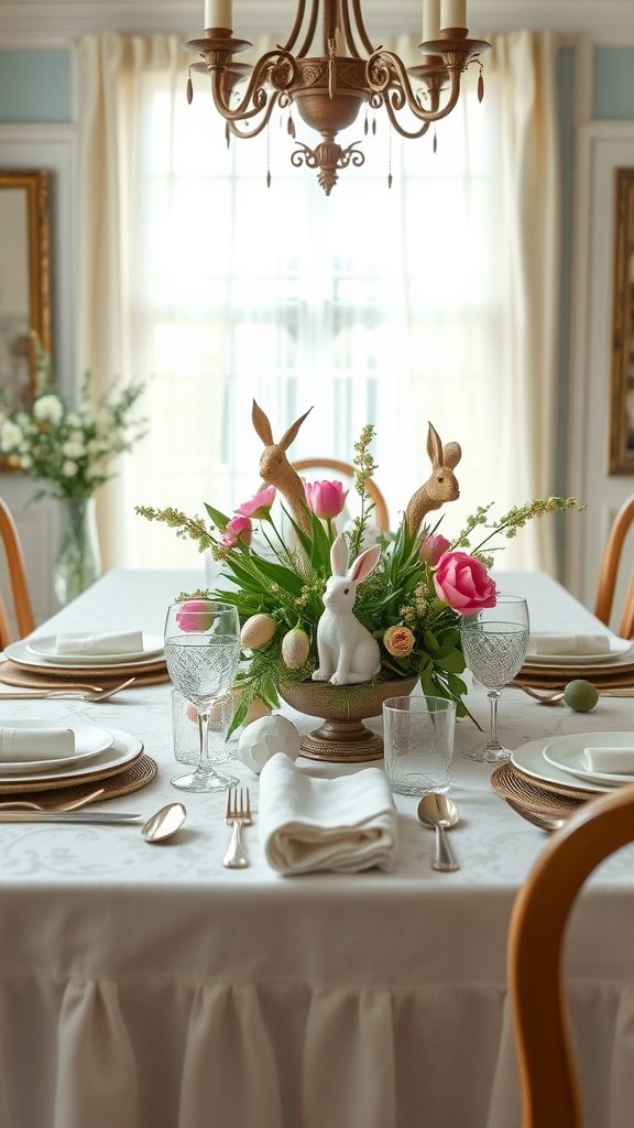 A beautifully set vintage Easter table with bunny decorations, flowers, and elegant glassware.