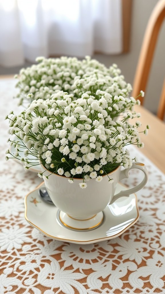 Vintage teacups filled with baby's breath flowers on a lace tablecloth