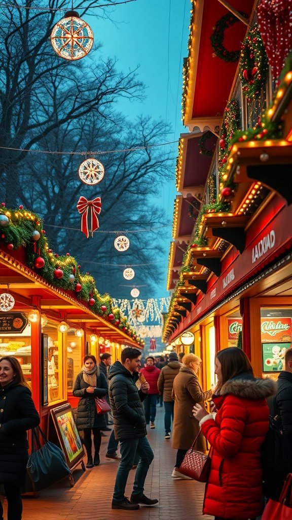A cozy Christmas market scene with decorated stalls, lights, and people enjoying the festive atmosphere. Winter Date Ideas