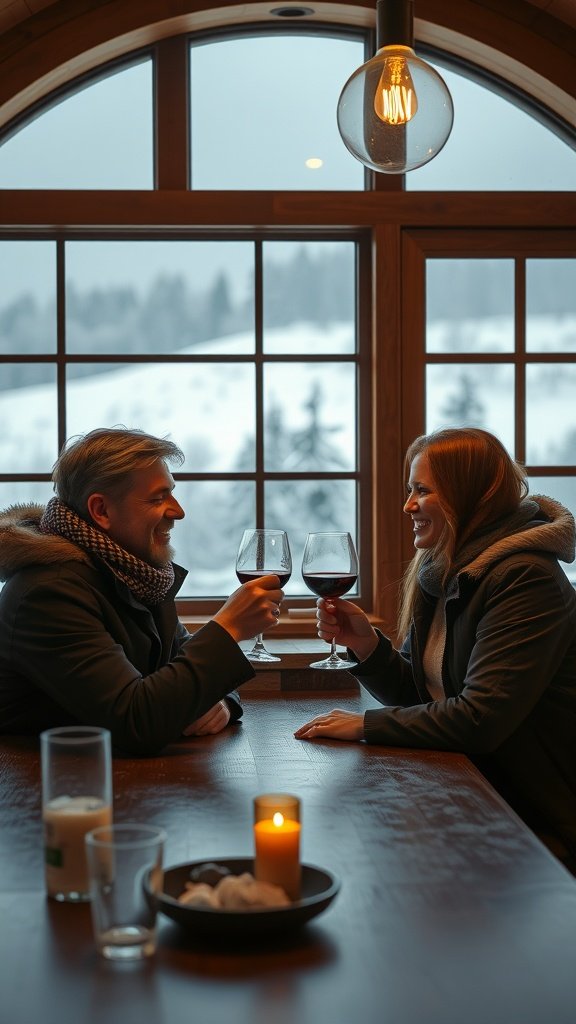 A couple clinking wine glasses at a winery with snow visible outside.