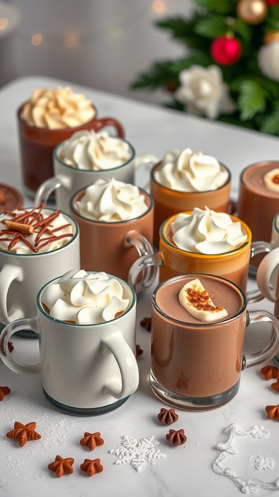 An assortment of beautifully garnished hot chocolate cups, showcasing different flavors and toppings, perfect for a winter date. Winter Date Ideas