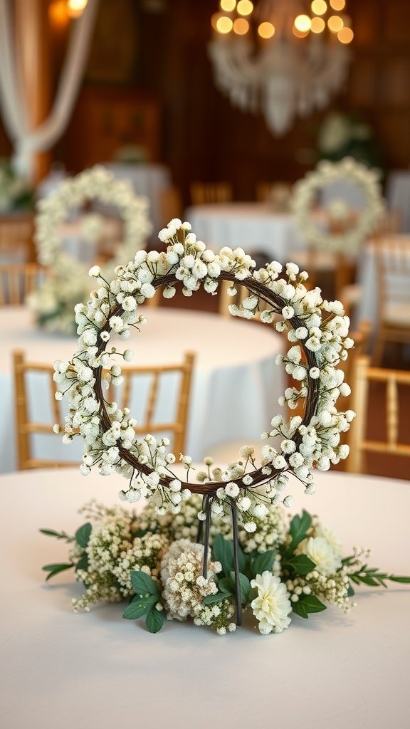 Elegant table setting featuring whimsical baby's breath wreaths as centerpieces.