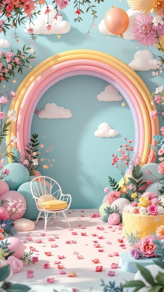 A whimsical setup featuring a pastel rainbow arch, colorful spheres, and flowers, creating a dreamy atmosphere for a spring wedding.