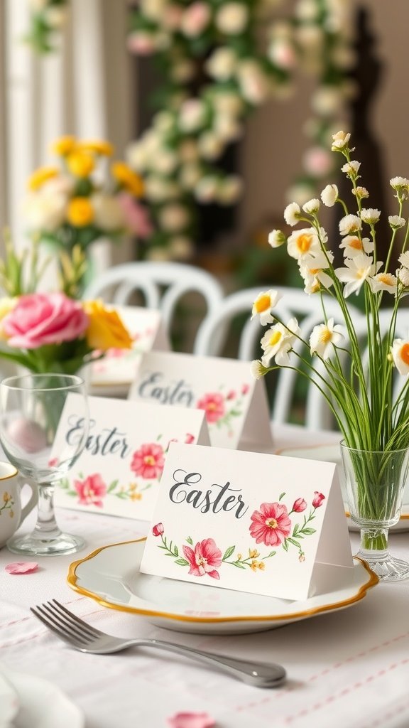 Beautifully designed whimsical place cards for an Easter tea party, featuring floral decorations.
