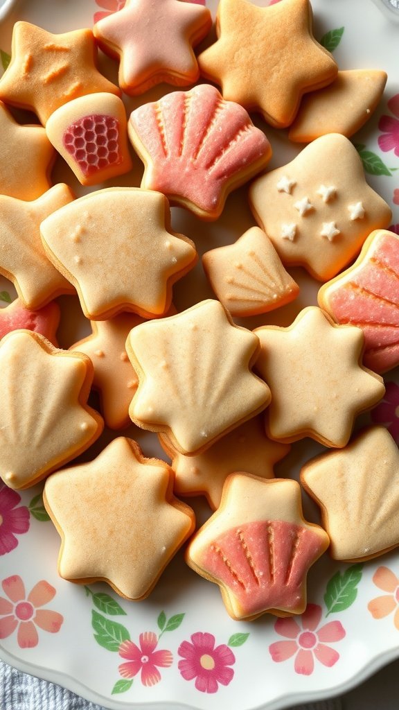 Decorative shell-shaped cookies in pastel colors. Mermaid party food