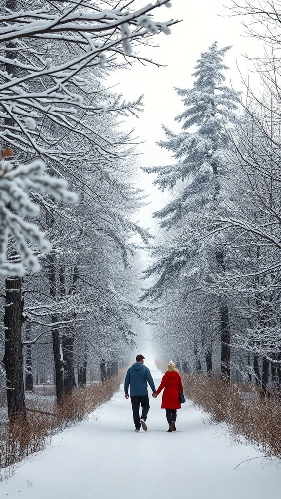 Couple walking hand in hand on a snowy path surrounded by trees. Winter Date Ideas