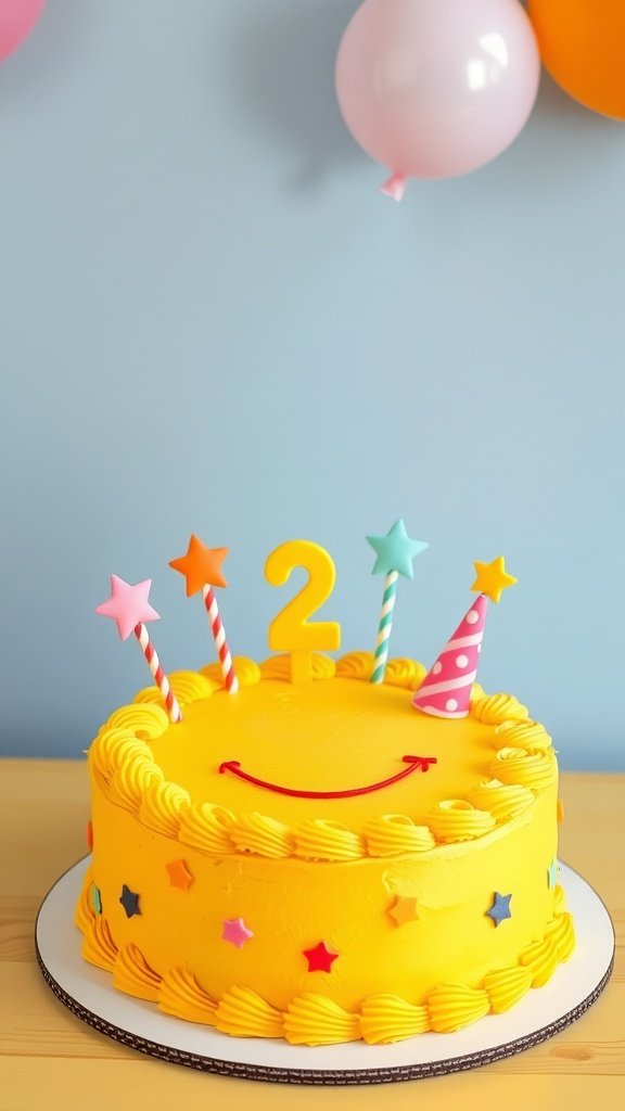 A bright yellow birthday cake with a smiley face, number '2', colorful candles, and star decorations.