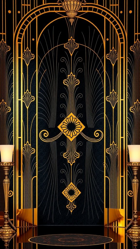 Art Deco wedding wallpaper design featuring golden accents and intricate patterns