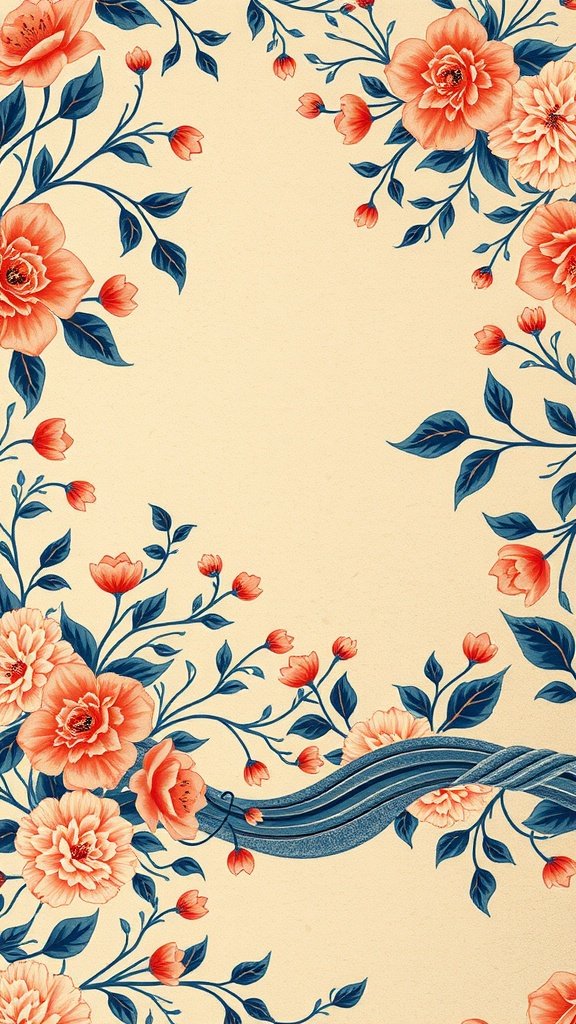 A floral patterned wallpaper with peach flowers and blue leaves on a beige background.