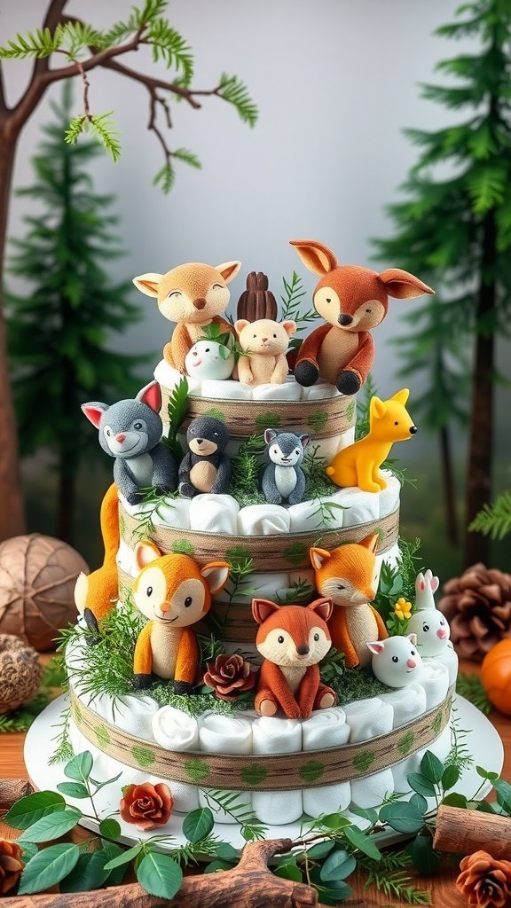 A beautifully crafted woodland-themed diaper cake featuring cute animal figures and decorated with greenery.