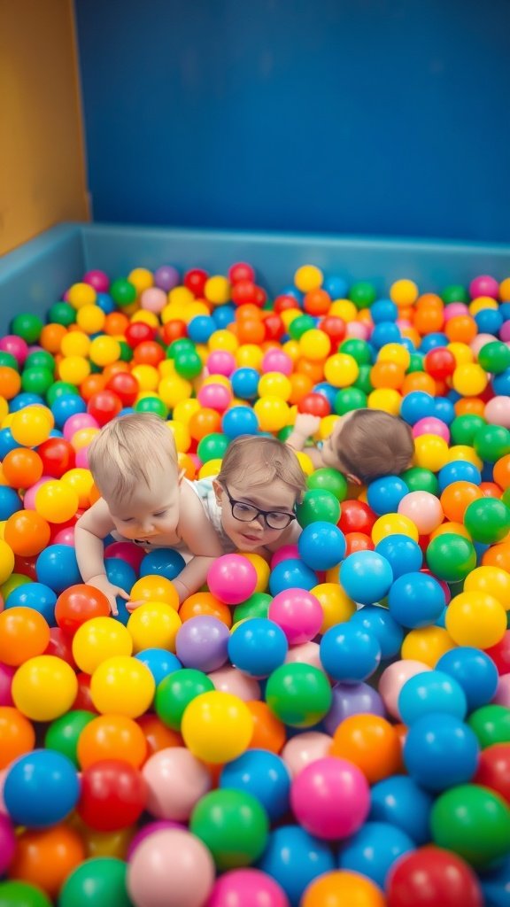 Children playing in a colorful ball pit filled with plastic balls.