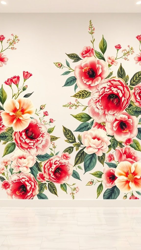 A wall featuring bold floral murals with pink and peach flowers surrounded by green leaves.