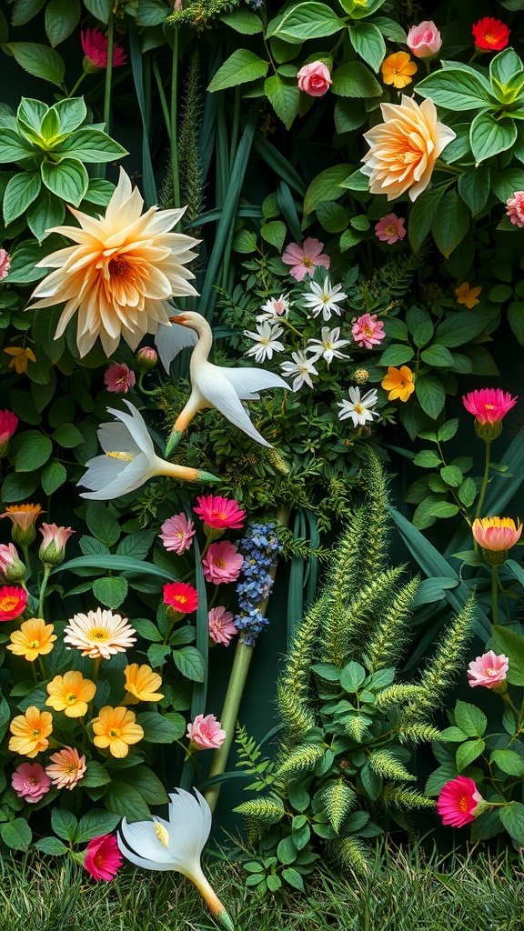 A vibrant botanical print featuring various flowers, greenery, and a white swan.