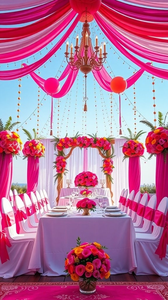 Colorful wedding decor with pink and orange drapes and floral arrangements