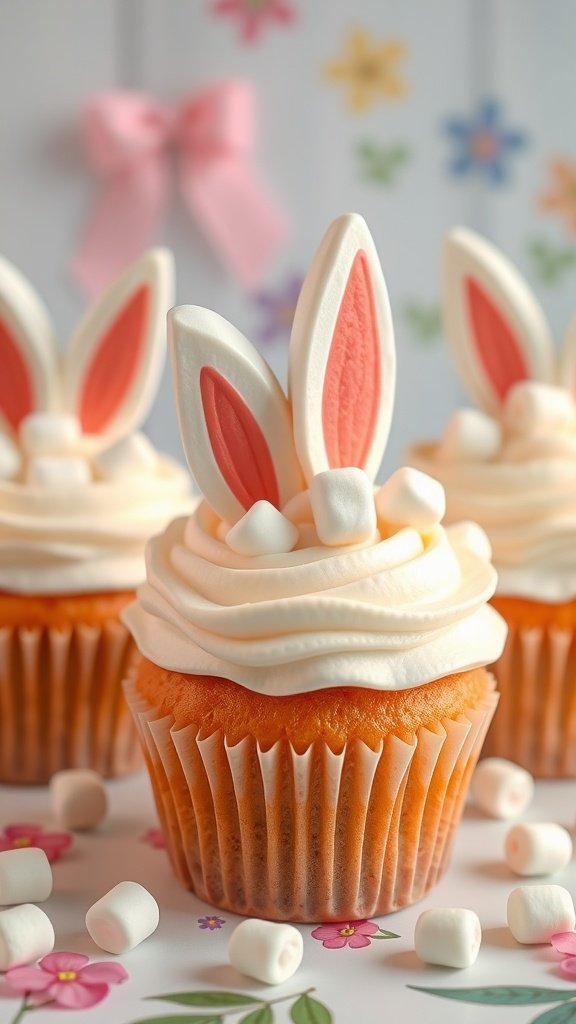 Bunny Tail Cupcakes topped with frosting, marshmallows, and colorful decorations