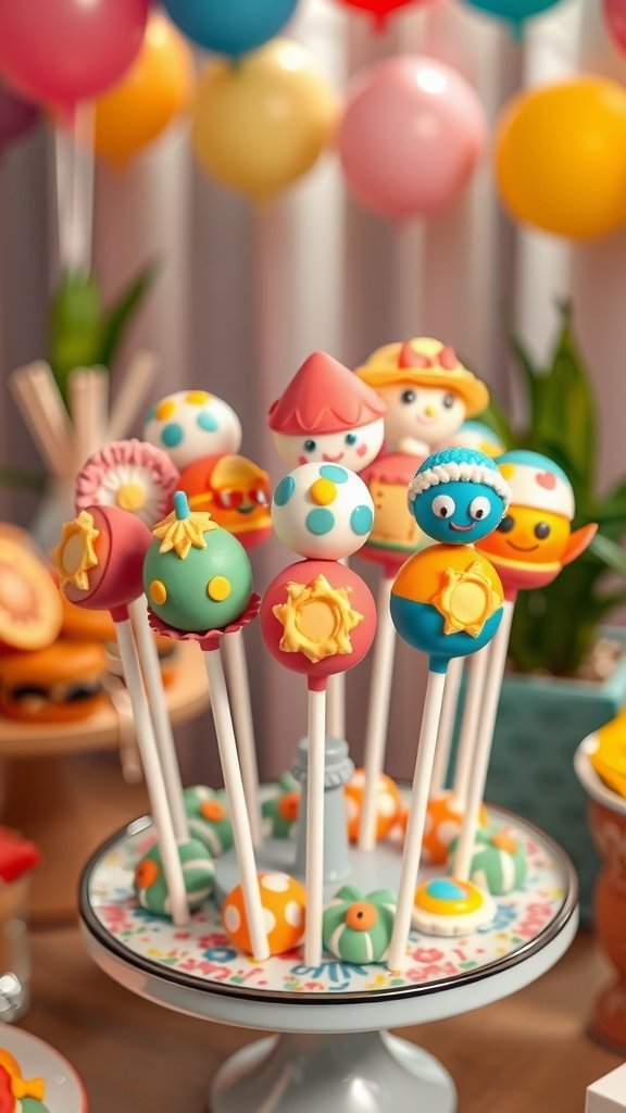 Colorful cake pops decorated for a summer birthday party, including cheerful designs like suns and smiling faces.