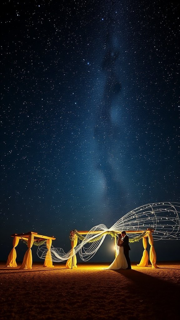 A couple embracing under a starry night sky with an elegantly decorated altar.