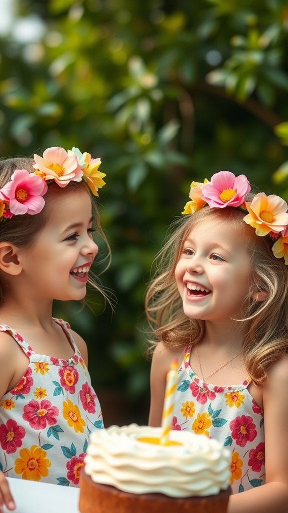 Two girls wearing flower crowns at a summer birthday party, smiling near a cake