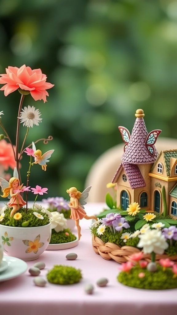 Fairy garden centerpieces with flowers and fairy figures on a table