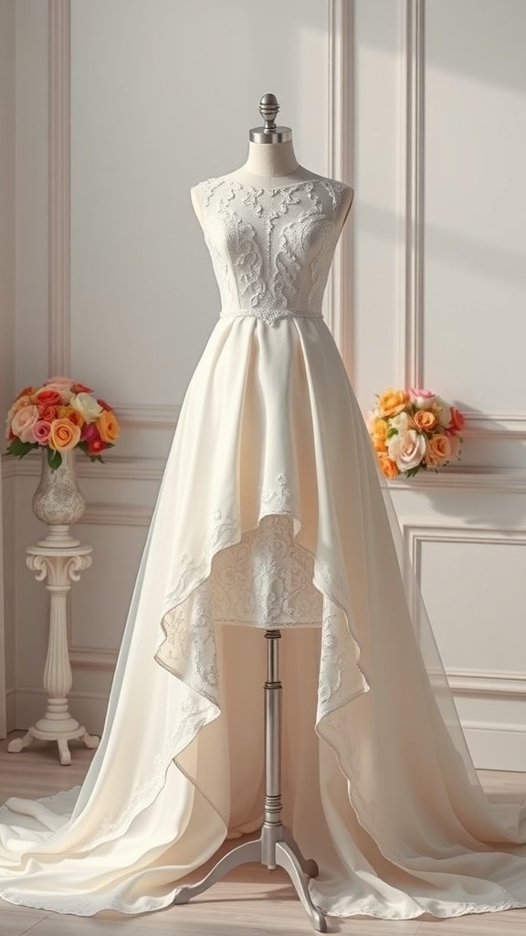 A beautiful high-low wedding dress with intricate embroidery, displayed on a mannequin in a bright room.